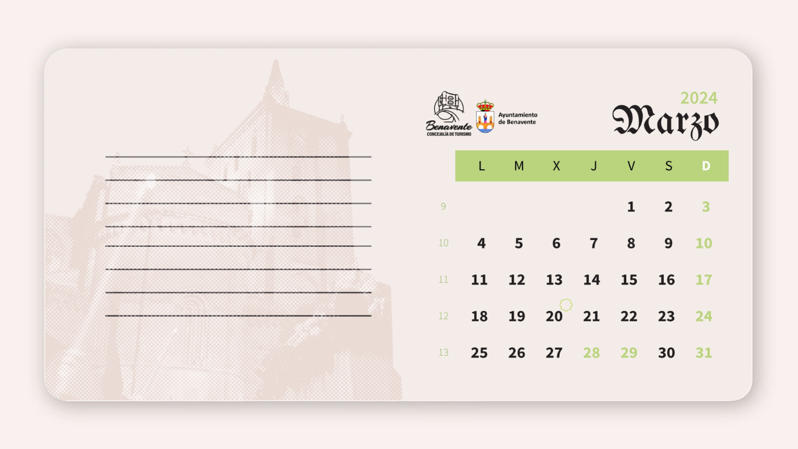 The first page of monthly calendar layout featuring a watermark behind an area to write and the month dates